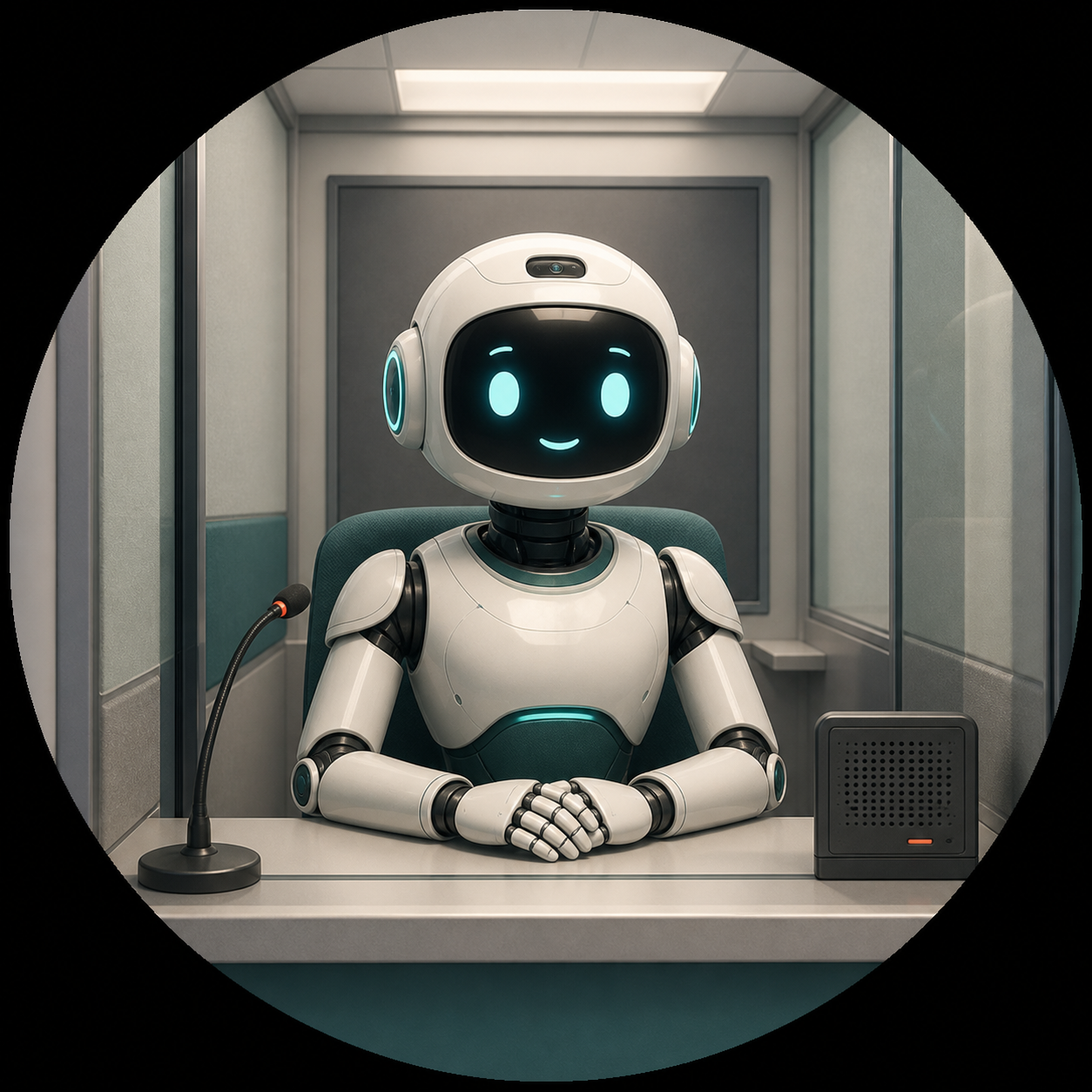 Robot IA en cubículo de práctica consular